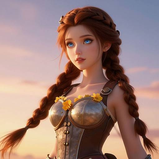 Digital art of a beautiful young woman with blue eyes, long braided brown hair, wearing a metallic, flower-adorned corset, against a