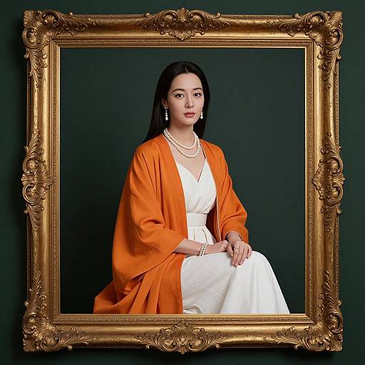 Photograph of an elegant woman with long black hair, wearing an orange shawl over a white dress, pearl necklace, and earrings, framed in an
