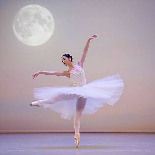 Photograph of a ballerina in a white tutu, en pointe, with arms gracefully extended, illuminated by a bright full moon in a