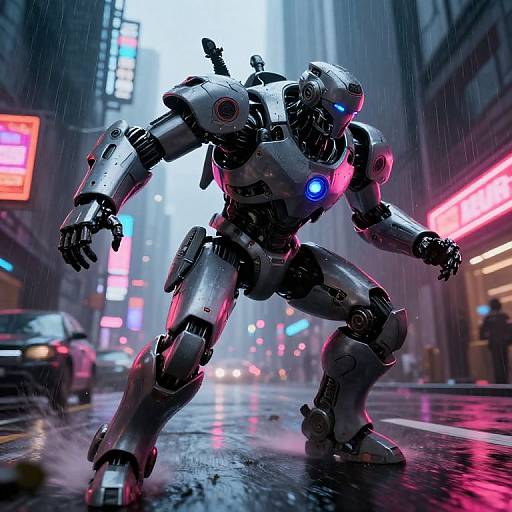 Robotic Warrior in Neon Dystopia