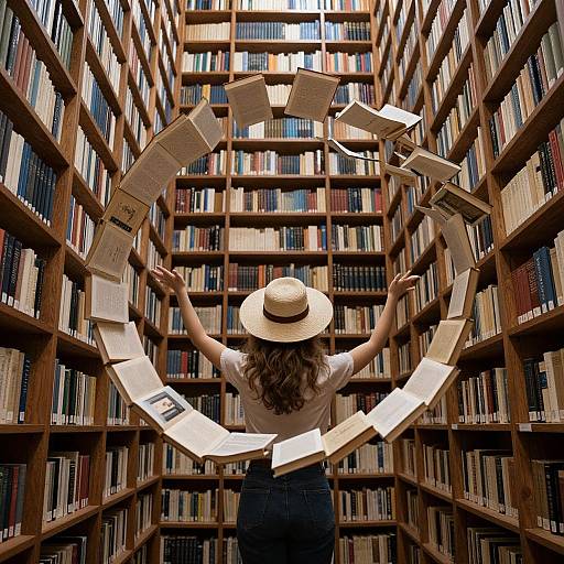 Photograph of a person with curly hair and straw hat, surrounded by bookshelves, creating a circular vortex with flying books.