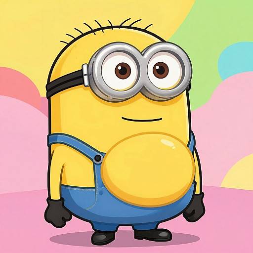 Cartoon Minion-style character: round yellow with blue overalls, black gloves, large goggles, and a small smile, set against a colorful,