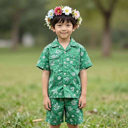 Boy in Green Floral Outfit with Crown