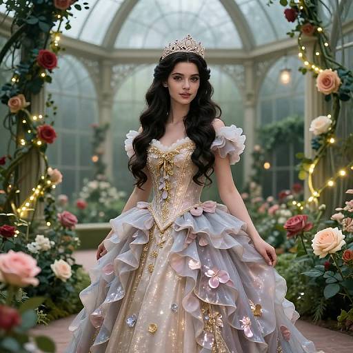 Photograph of a fair-skinned woman with long, wavy black hair, wearing a gold and white, ruffled princess dress, tiara,