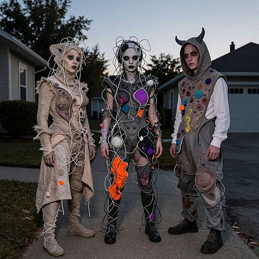 Photograph of three children in elaborate, wire-adorned Halloween costumes on a suburban street at dusk, with houses in the background.
