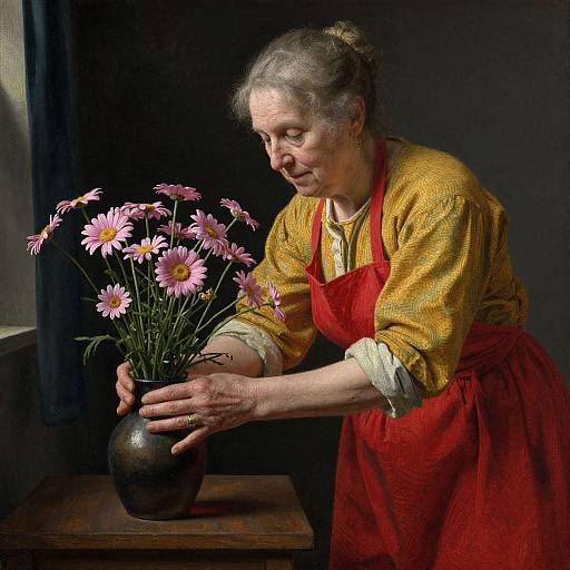 Photograph of an elderly woman with gray hair, wearing a yellow blouse and red apron, gently holding a vase of pink daisies, softly