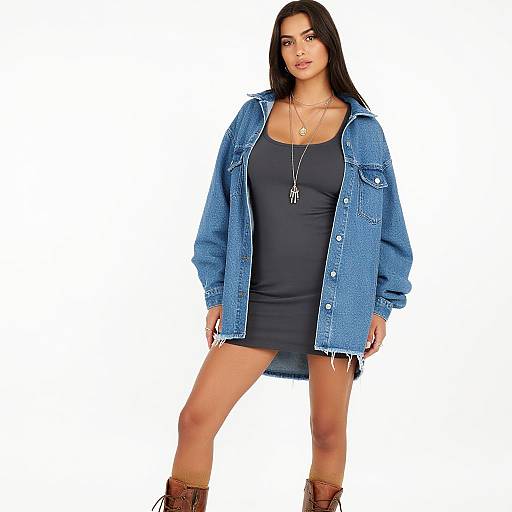 Photograph of a confident woman with long black hair, wearing a blue denim jacket, black dress, and brown boots, standing against a white background.