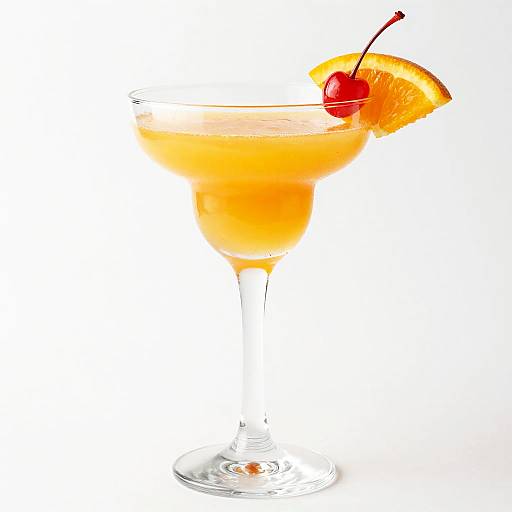 Photograph of a vibrant orange margarita in a clear, wide-rimmed glass with a salted rim, cherry garnish, and orange