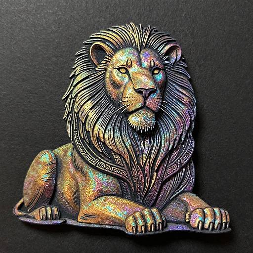 Colorful, intricately detailed, metallic lion sculpture with iridescent blue, gold, and purple hues, lying on a black textured background. Digital