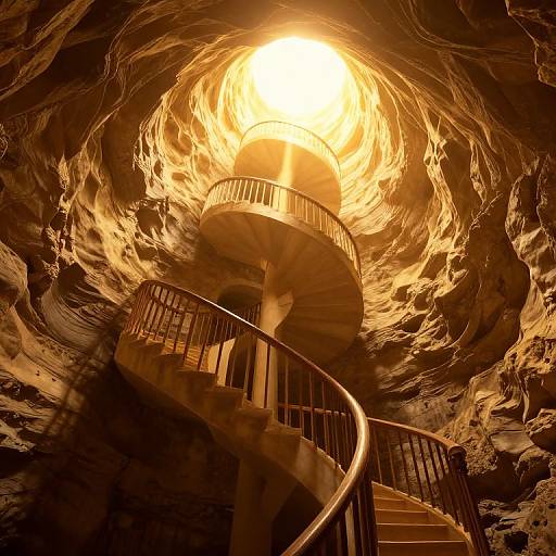 Photograph of a spiraling staircase in a cave, illuminated by a bright, glowing orb at the top, casting warm, swirling light.