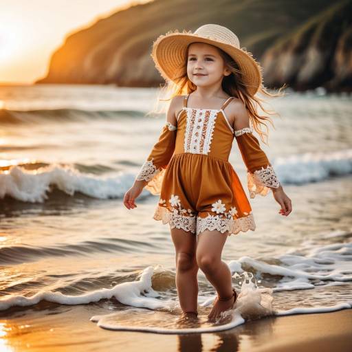 Toddler Girl in Floral Romper at Beach Sunset