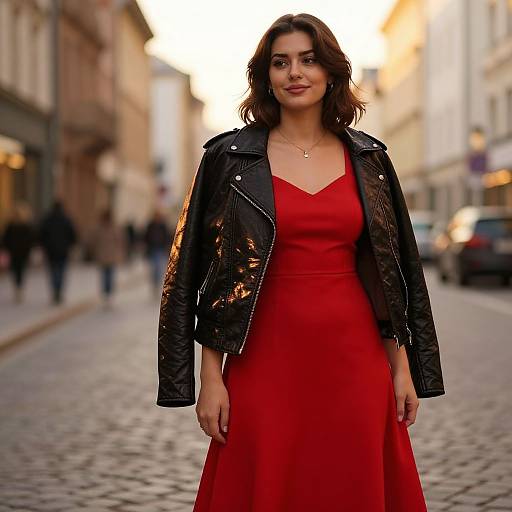 Chic Red Dress in Romantic Cityscape