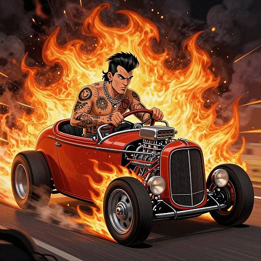 Tattooed man with black hair driving fiery red vintage car, flames engulfing vehicle, intense expression, dynamic action scene, comic-style illustration.