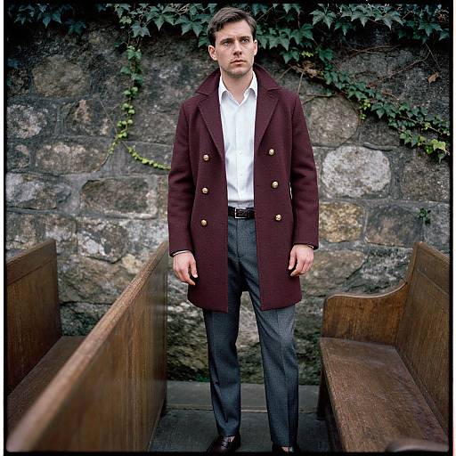 Photograph of a serious, fair-skinned man with short brown hair, wearing a dark brown double-breasted coat, white shirt, and gray trousers