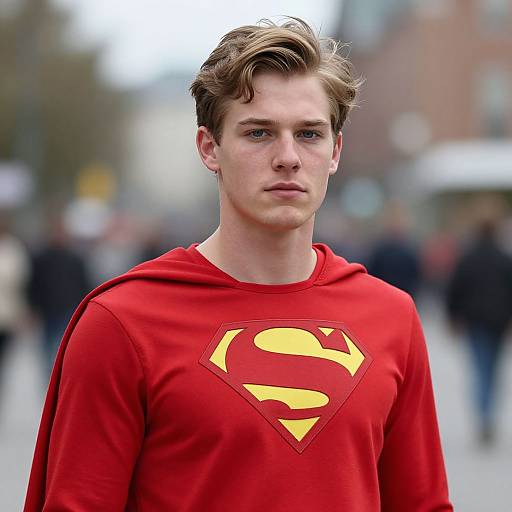 Photograph of a young, fair-skinned man with brown hair wearing a red Superman shirt with a yellow 