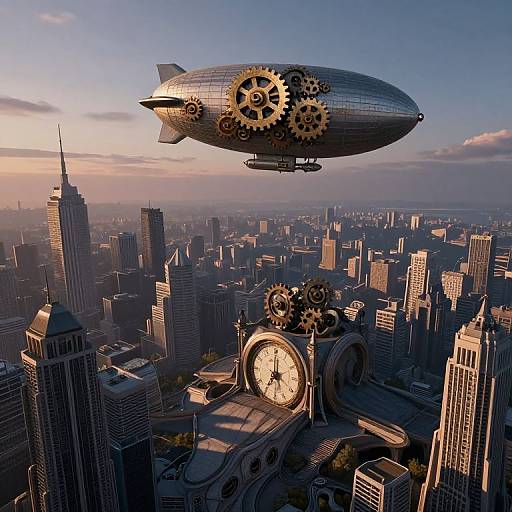 Steampunk-style airship with gear-adorned hull flying over a sprawling, sunlit cityscape featuring towering skyscrapers and a large clock