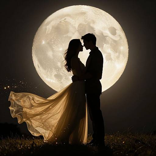 Silhouetted couple in romantic embrace against a large, bright full moon, with the bride's flowing dress illuminated by moonlight.