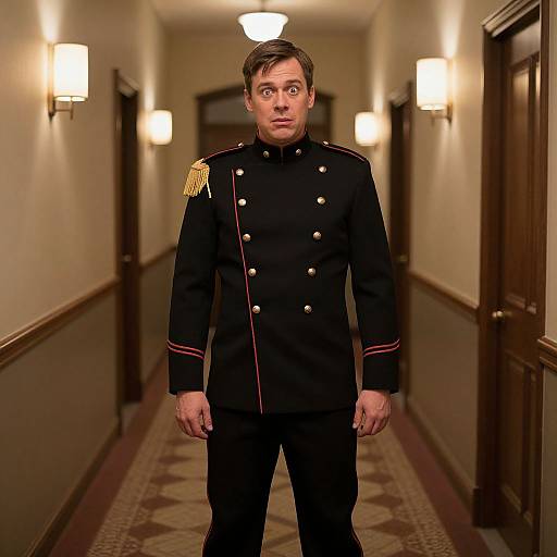 Photograph of a surprised man in a black military-style uniform with gold epaulettes standing in a dimly lit, carpeted hallway with wall