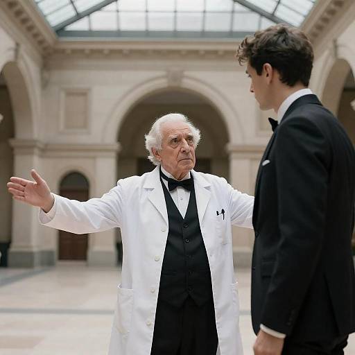 Elderly Scientist in Glass-Roofed Atrium