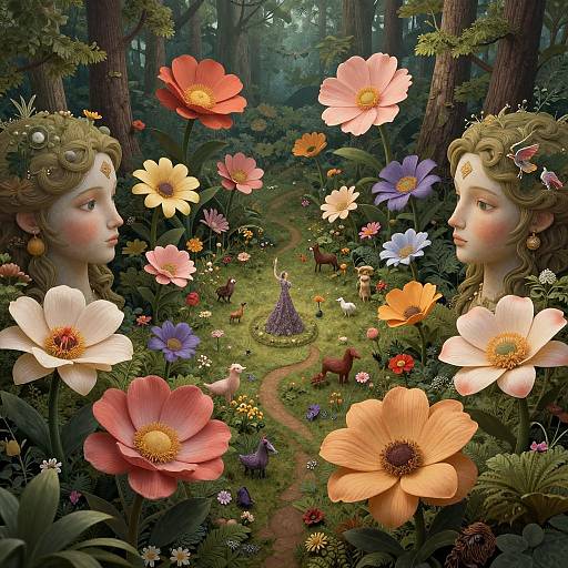 Whimsical digital painting of a forest scene with two fairytale princesses' heads, vibrant flowers, colorful pathway, and tiny deer, surrounded