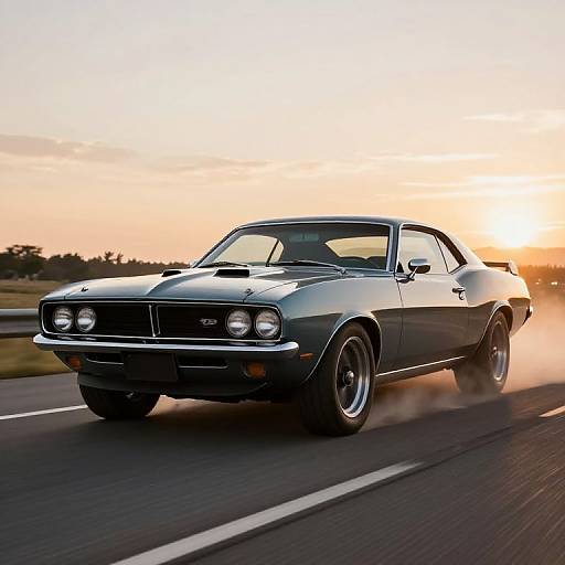 Photograph of a sleek, black, vintage muscle car with a hood scoop, racing on a highway at sunset, dust trailing behind.