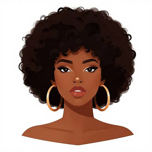 Digital illustration of a beautiful dark-skinned woman with a curly afro, wearing large gold hoop earrings, red lipstick, and intense gaze. White background