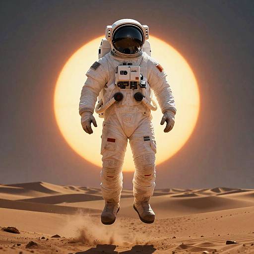 Photograph of an astronaut in a white spacesuit with a reflective helmet, floating above a sunlit desert with dunes, against a large, glowing