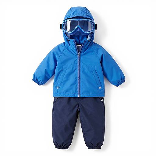 Photograph of a blue children's ski jacket with black pants and blue ski goggles, laid flat on a white background.