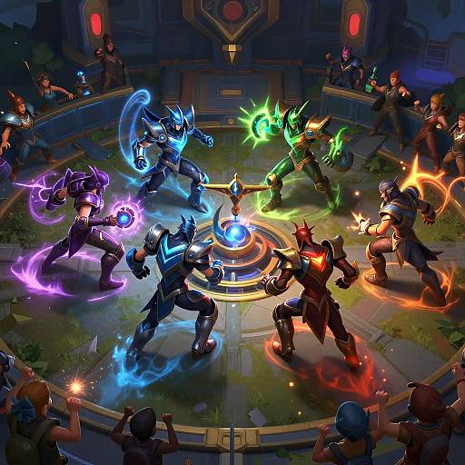 Vibrant digital artwork of a futuristic arena battle featuring armored warriors with glowing, colorful energy abilities, surrounded by a dark, sci-fi cityscape.