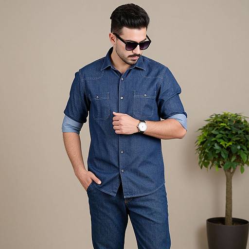 Photograph of a handsome man with dark hair, beard, and sunglasses, wearing a blue denim shirt and pants, standing against a beige wall with a