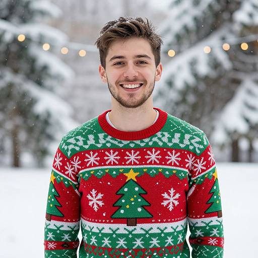 Photograph of a smiling young man with short brown hair and beard, wearing a festive red, green, and white Christmas sweater, standing in a snowy
