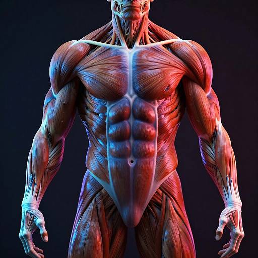 CGI image of a highly muscular, anthropomorphic figure with detailed muscle anatomy, illuminated by red and blue lighting against a dark background.