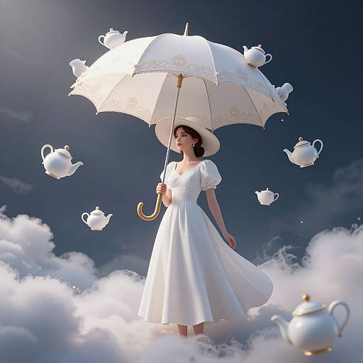 Photograph of a woman in a white dress and hat, holding a white lace umbrella, floating amidst floating tea sets in a cloud-filled, dark blue