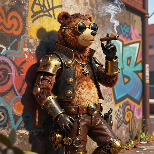 Digital artwork of an anthropomorphic bear in steampunk gear, smoking a cigarette, standing against a graffiti-covered brick wall.