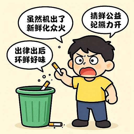 Cartoon of a boy with black hair, yellow shirt, blue pants, and an angry expression, throwing a cigarette butt into a green trash can.