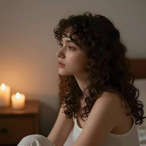 Young Woman with Curly Hair in Candlelit Room