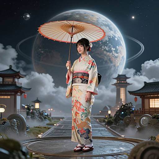 Photograph of a Japanese woman in a floral kimono holding an umbrella, standing on a pathway with traditional buildings and a large moonlit planet in the
