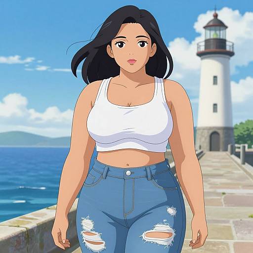 Anime-style digital illustration of a curvy woman with black hair, wearing a white crop top and ripped blue jeans, walking by a lighthouse by the