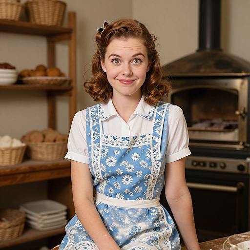 Photograph of a smiling woman with curly brown hair, wearing a blue floral apron over a white blouse, in a cozy kitchen with wooden shelves and
