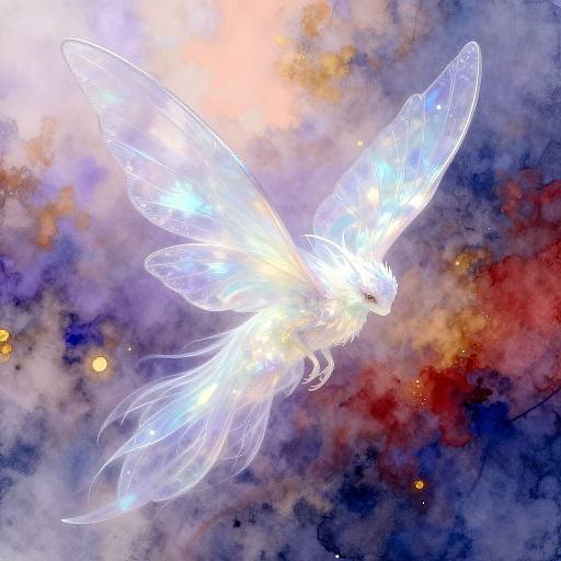 Digital art of a glowing, translucent white angelic butterfly with illuminated wings against a vibrant cosmic background blending red, blue, and purple hues.