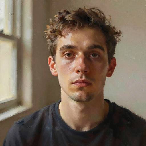 Photograph of a young, curly-haired man with fair skin, light brown eyes, and a serious expression, wearing a black shirt, standing near a