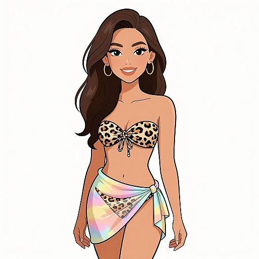 Digital illustration of a smiling Asian woman with long dark hair, wearing a leopard-print bikini top and a pastel sarong, large hoop earrings, standing