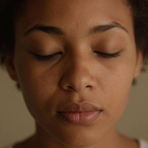Close-up photograph of a serene, dark-skinned woman with closed eyes, natural makeup, full lips, and subtle freckles, against a neutral