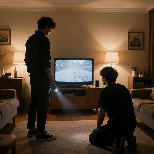 Dimly Lit Living Room with Flashlight