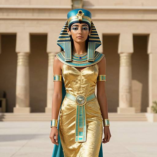 Digital artwork of a brown-skinned woman in an Egyptian-style gold dress and blue-and-black striped headdress, standing in front of ancient stone columns.
