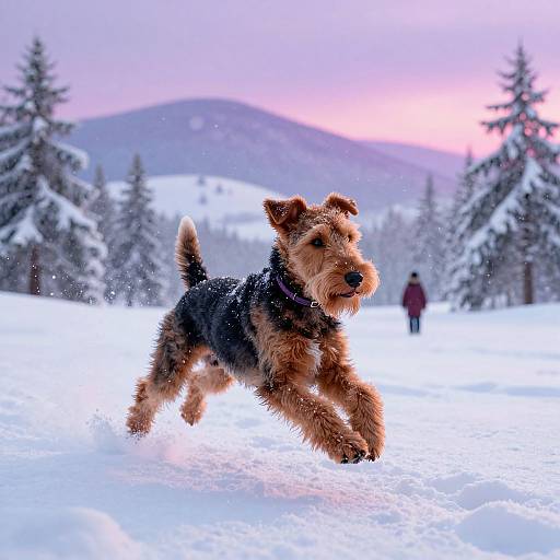 Photograph of a lively, brown and black Airedale Terrier running in a snowy forest at sunset, with a person in the background and snow