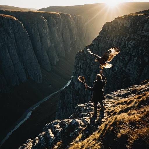 Falconer Releasing Bird of Prey at Highland Cliffs Dawn