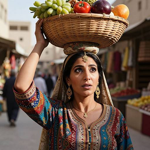 Photograph of a South Asian woman in a colorful, embroidered traditional outfit, holding a wicker basket of fresh fruits above her head, standing in a