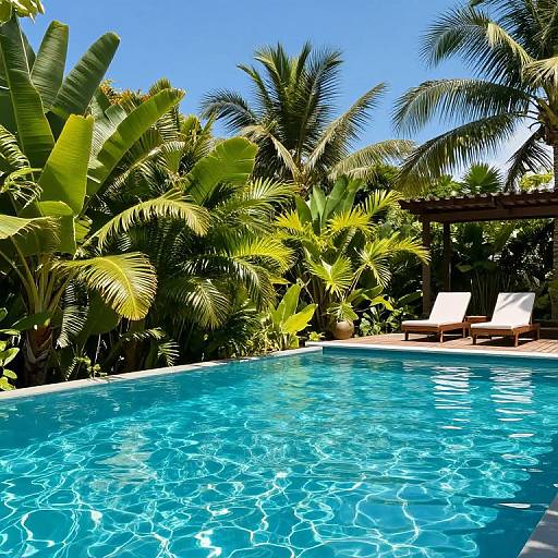 Photograph of a vibrant tropical pool scene with clear blue water, surrounded by lush green palm trees and two white lounge chairs under a bright blue sky.