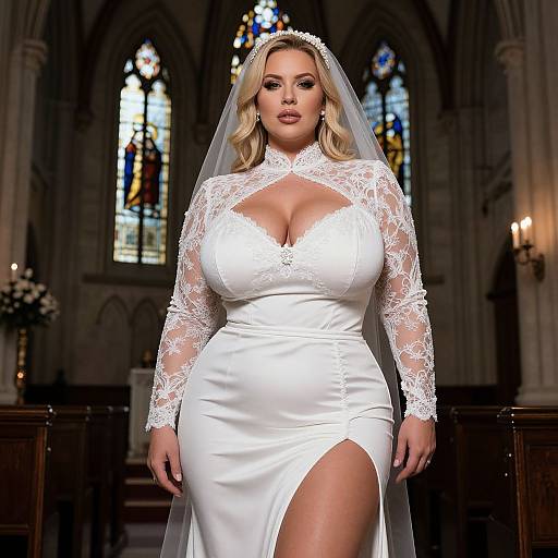 Photograph of a plus-sized blonde bride in a white lace and satin wedding dress with a high slit, standing in a dimly lit, Gothic-style